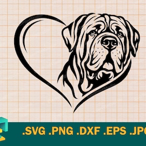 May include: Black graphic of a dog's face within a heart shape. The dog has detailed fur and facial features. The image is set against a grid background and includes file type extensions: .SVG .PNG .DXF .EPS .JPG.