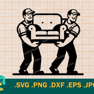 May include: Two people carrying a black and white couch. The people are wearing black pants and white shirts. The couch has a simple design with two cushions.