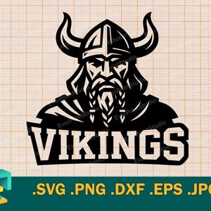 May include: Black and white Viking logo with a horned helmet and beard. The word "VIKINGS" is displayed in bold, block letters below the Viking illustration. File formats: .SVG .PNG .DXF .EPS .JPG.