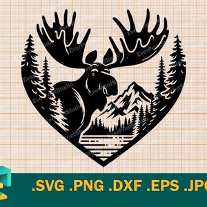 May include: Black and white silhouette of a moose standing in a heart-shaped frame with mountains and trees in the background.