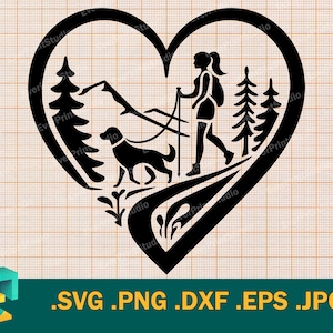 Donna con un cane che fa un'escursione SVG - Cricut, Silhouette / Donna che fa un'escursione vettoriale File di taglio / Scarica Donna con un cane ClipArt digitale Logo, svg, png