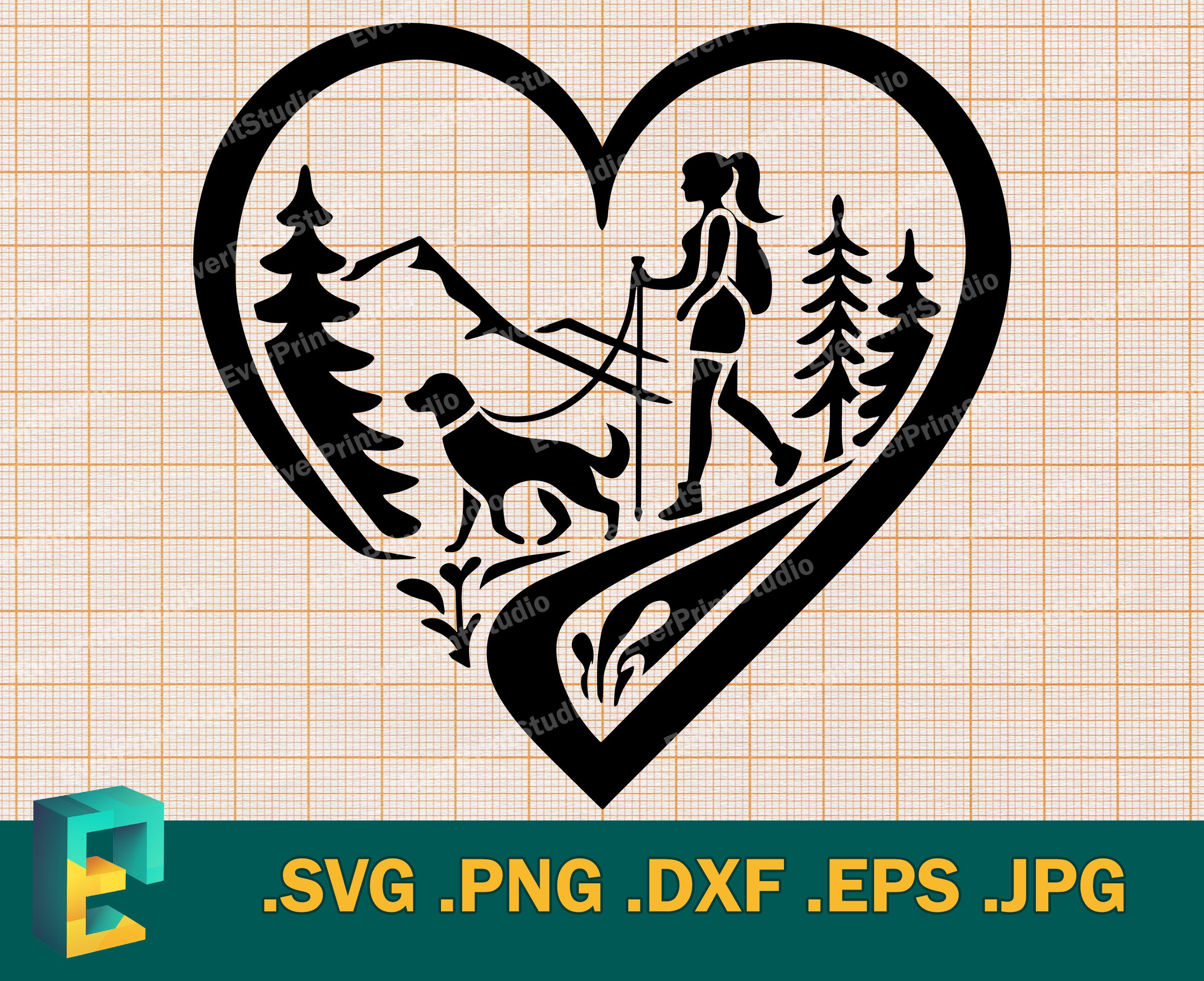 Hiking Woman with a Dog SVG - Cricut, Silhouette | Vector Hiking Woman Cut File | Download Woman with a Dog Digital Clip Art Logo, svg, png