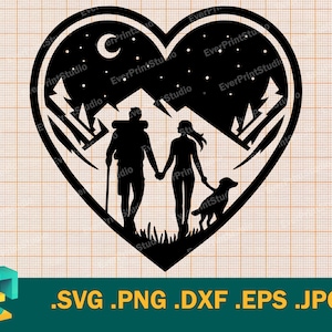 Coppia di escursioni con cane SVG - Cricut e Silhouette / Escursionismo donna e uomo Silhouette Clipart, Escursionismo Famiglia Taglia File in formato svg, png, eps, dxf