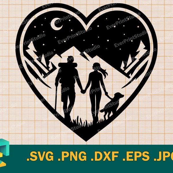 Hiking Couple with Dog SVG - Cricut and Silhouette | Hiking Woman and Man Silhouette Clipart, Hiking Family Cut File svg, png, eps, dxf