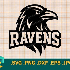 May include: Black and white graphic of a raven's head above the word "RAVENS" in bold, block letters. The design is set against a graph paper background. The bottom of the image includes file type extensions.