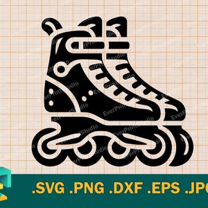 May include: Black and white illustration of a pair of roller skates with four wheels. The skates have a classic design with laces and a strap.