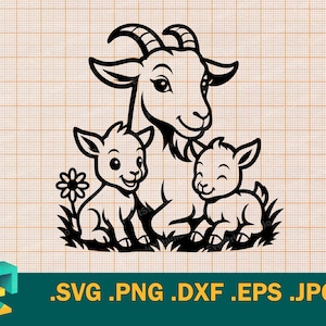 Mama Goat with Baby Goats SVG - Cricut, Silhouette | Cute Goats Family Vector Cut file | Farm Goats Template for Cutting svg, png, eps, dxf