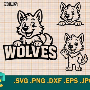 May include: Black and white graphic of three cartoon wolf illustrations. One wolf is holding a sign that says "WOLVES". The other two wolves are smiling and waving. The word "WOLVES" is also at the top.