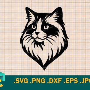 May include: A black and white cat face design. The cat's face is a stylized illustration with detailed fur and whiskers. The image includes file type options: .SVG, .PNG, .DXF, .EPS, and .JPG.
