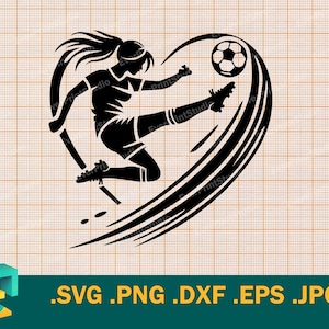 Chica de fútbol SVG - Cricut, silueta / Vector Jugador de fútbol femenino Archivo de corte SVG, Descarga de regalo para jugador de fútbol svg, png, eps, dxf