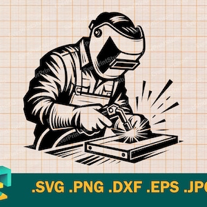 May include: A black and white illustration of a welder wearing a welding mask and welding a metal piece. The welder is holding a welding torch in their right hand and sparks are flying from the torch.