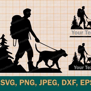 Set von Wandern Mann mit Hund Silhouette SVG, Wandern Mann Silhouette Clipart, Wandern Mann Schnittdateien für Cricut