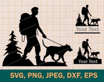Set wandelende man met hond silhouet SVG, wandelende man silhouet clipart, wandelende man gesneden bestanden voor Cricut