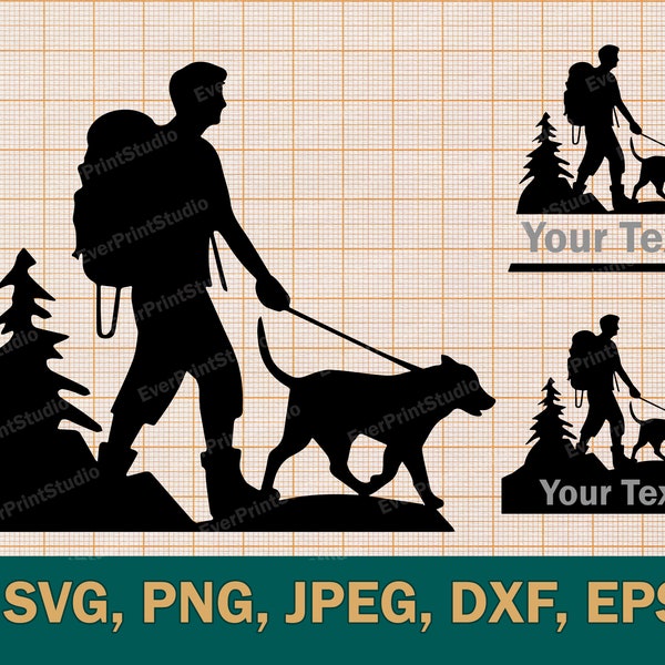 Set of Hiking Man with Dog Silhouette SVG, Hiking Man Silhouette Clipart, Hiking Man Cut Files For Cricut