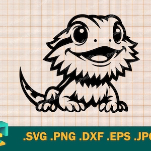 Può includere: Illustrazione in bianco e nero di un drago barbuto di cartone animato con un grande sorriso e occhi grandi. Il drago è seduto sulle zampe posteriori con la coda arrotolata dietro di lui.