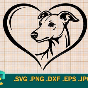 May include: Black graphic of a dog's head inside a heart shape. The dog is a side profile with detailed features. The image includes file type options: .SVG .PNG .DXF .EPS .JPG.