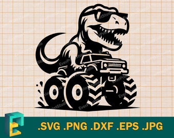 T Rex Riding Monster Truck Svg - Cricut, Silhouette, Dino Dinosaur Clipart Silhouette, T Rex RideTruck, Cut File Vector svg, Sublimation png