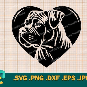 May include: Black and white silhouette of a dog's head inside a heart shape.