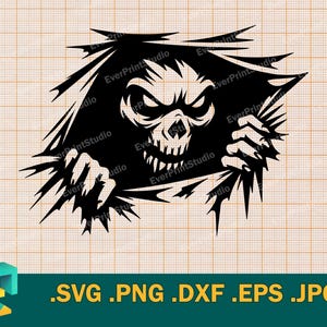 Puede incluir: Ilustración en blanco y negro de una calavera asomándose desde detrás de un trozo de tela rasgado. La calavera tiene una expresión amenazante con dientes afilados y el ceño fruncido.
