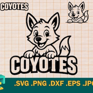 May include: Black and white graphic of a coyote with the word "COYOTES" above and below the image. The image includes file type extensions: .SVG .PNG .DXF .EPS .JPG.