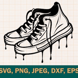 May include: A pair of black high-top sneakers with white laces, dripping with black paint. The sneakers are drawn in a cartoon style.