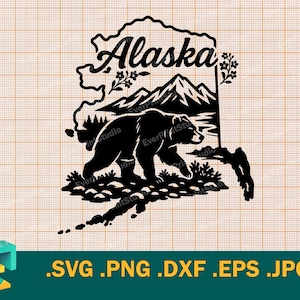 May include: Black and white silhouette of Alaska with a bear walking in front of mountains. The text "Alaska" is written in a stylized font.