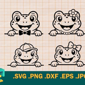 May include: A set of four black and white line art illustrations of frogs peeking over a horizontal line. The frogs feature different accessories including a bow tie, a flower, a baseball cap, and a hair bow. Text at the bottom reads .SVG .PNG .DXF .EPS .JPG.