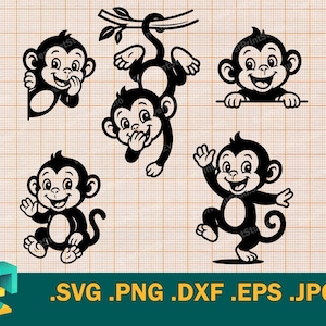 May include: Black and white cartoon monkey graphics in various poses. One monkey hangs from a branch, while others peek from corners, wave, and stand. The image includes file type extensions: .SVG .PNG .DXF .EPS .JPG.