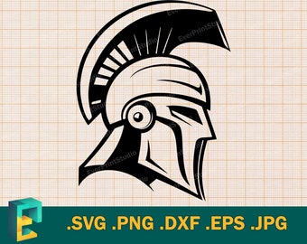 May include: Black and white vector illustration of a Spartan warrior's helmet with a plume. The helmet has a detailed design with a face mask and a large plume on top.