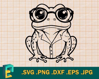 Könnte beinhalten: Eine Schwarzweiß-Zeichnung eines Frosches mit Brille und Hemd mit Kragen. Der Frosch sitzt mit gekreuzten Beinen und hat einen freundlichen Gesichtsausdruck.