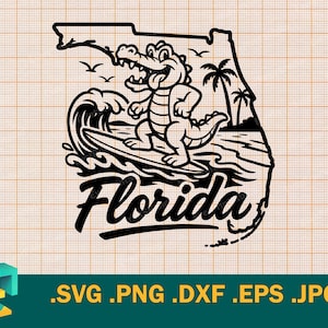 May include: Black and white graphic of the Florida state outline with a cartoon alligator surfing a wave. Palm trees and seagulls are also included in the design. The word "Florida" is written in a stylized font.