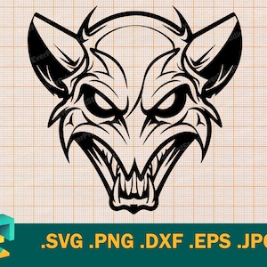 May include: Black and white vector illustration of a snarling, demonic creature with sharp teeth and horns. The creature's eyes are narrowed and its expression is fierce.