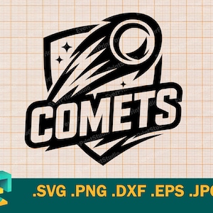 May include: Black and white Comets logo with a comet graphic and the word "COMETS" in bold letters. The logo is set against a grid background and includes file type extensions: .SVG .PNG .DXF .EPS .JPG.
