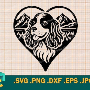 May include: Black and white silhouette of a dog's head inside a heart shape with mountains in the background. The dog's head is facing the viewer with its tongue sticking out. The mountains are stylized and have a simple design.