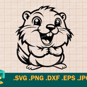 May include: A black and white cartoon illustration of a smiling groundhog with its paws crossed in front of its chest.