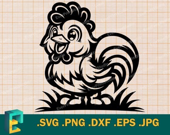 Cute Rooster SVG - Cricut, Silhouette | Vector Cute Chicken SVG Cut file | Download printable Happy Rooster cutting file svg, png, eps, dxf