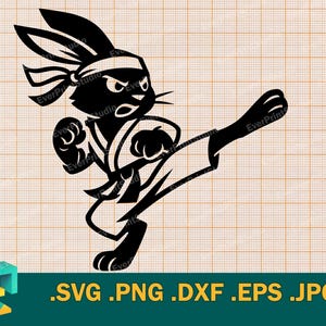 May include: Black silhouette of a rabbit in a karate stance, wearing a headband and karate uniform. The rabbit is kicking with one leg and has a determined expression. The image includes the text ".SVG .PNG .DXF .EPS .JPG" at the bottom.