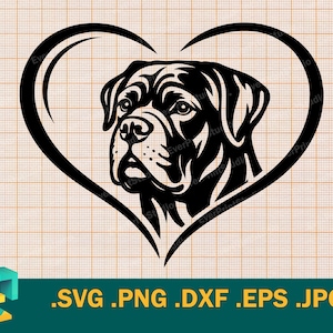 Könnte beinhalten: Schwarze Silhouette eines Rottweiler-Kopfes in Herzform. Das Grafikdesign eignet sich für verschiedene Anwendungen. Am unteren Rand des Bildes befinden sich die Dateierweiterungen: .SVG .PNG .DXF .EPS .JPG.