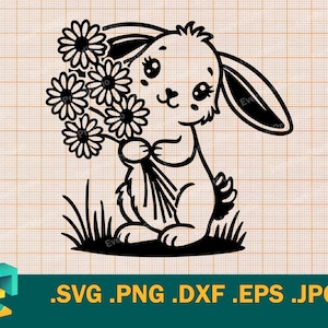 Coniglio SVG - Cricut, Silhouette / Vettore Carino Coniglietto Felice File di Taglio Download, Carino Coniglio Bambino con Fiori File di Taglio svg, png, eps, dxf