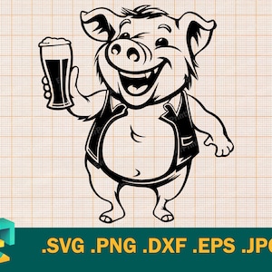 Porco SVG - Cricut, Silhueta | Arquivo de corte de porco bonito de design artístico vetorial | Porco com um copo, bebendo animal | Porco feliz ganha uma copa, svg, png