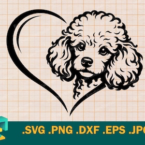 May include: A black silhouette of a poodle dog's head within a heart shape. The dog's face features detailed curly fur, eyes, nose, and mouth. The heart is outlined in black. The image is set against a grid background.