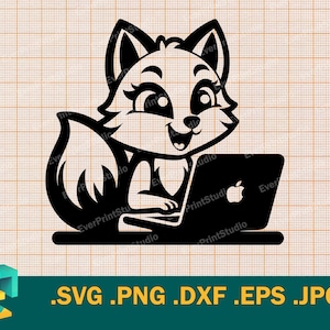 Renard SVG - couper des fichiers pour Cricut, Silhouette | Renard de vecteur avec fichier de coupe SVG pour ordinateur portable, modèle de téléchargement de renard mignon pour découper svg, png, eps, dxf