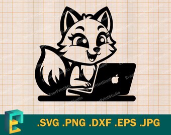 Fox SVG - Cut Files for Cricut, Silhouette | Vector Fox with Laptop SVG Cut File, Cute Fox Download Template for Cutting svg, png, eps, dxf
