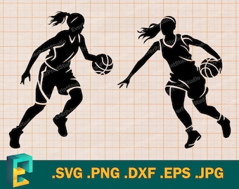 May include: Two black silhouettes of basketball players dribbling a basketball. The players are in mid-dribble, one with their left hand and the other with their right hand.