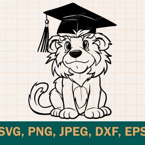 Lion dans la casquette de remise des diplômes SVG |  Lionceau diplômé 2024 SVG | Lion étudiant 2024 png | Fichier de coupe Cricut Lion cub au format .svg, .png, .dxf et .eps