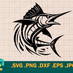 May include: Black and white silhouette of a marlin fish with a stylized design. The fish is jumping out of the water with its mouth open. The image is on a grid background.