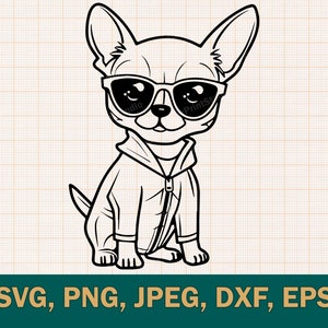 May include: Black and white line art illustration of a chihuahua wearing sunglasses and a hoodie. The chihuahua is sitting with its legs crossed and looking directly at the viewer.