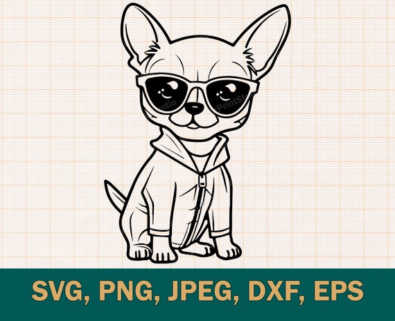 Cute Chihuahua Sunglasses SVG Cut file| Chihuahua Puppy Silhouette .svg Cricut | Dog wearing Sunglasses Vector .dxf, .eps, .png, .svg