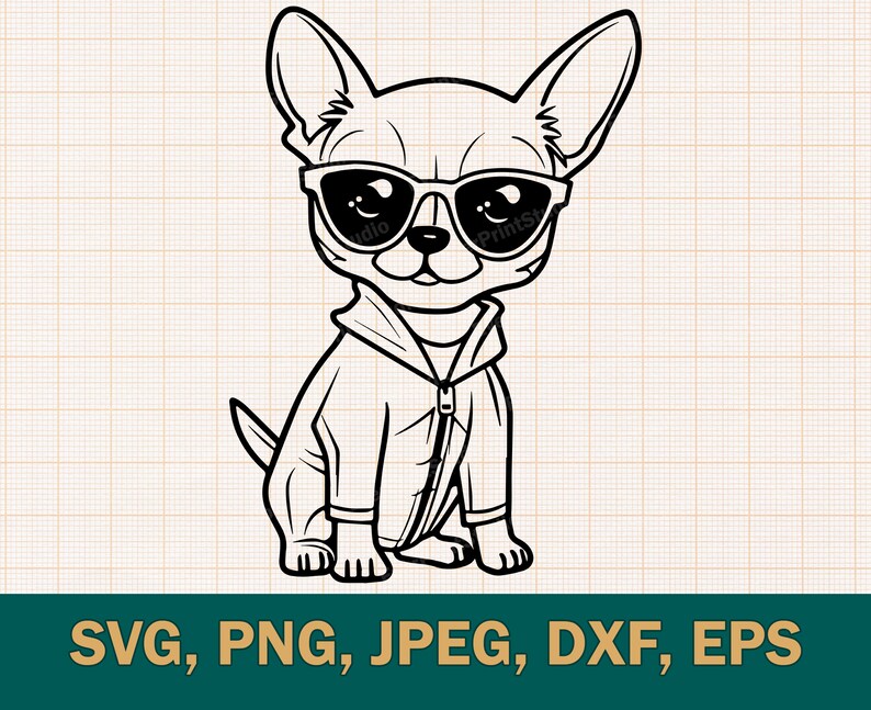 May include: Black and white line art illustration of a chihuahua wearing sunglasses and a hoodie. The chihuahua is sitting with its legs crossed and looking directly at the viewer.