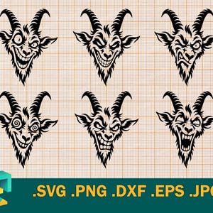 Puede incluir: Un conjunto gráfico digital que presenta seis ilustraciones distintas de cabezas de cabra en blanco y negro con expresiones variadas, sobre un fondo de cuadrícula con el texto .SVG .PNG .DXF .EPS .JPG en la parte inferior.